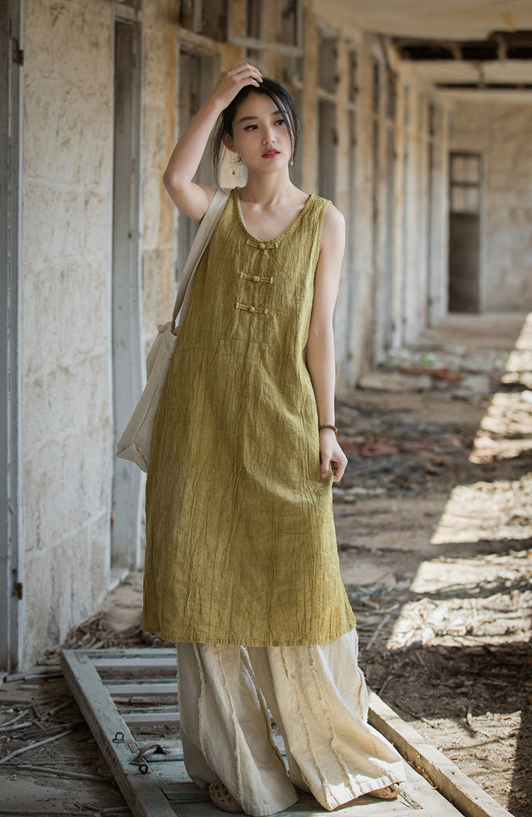 Boho Zen Hand-Dyed Cotton-Linen Midi Dress