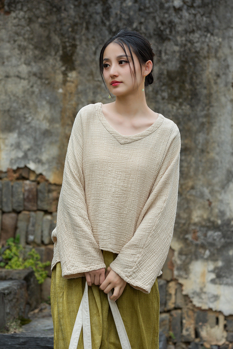 Textured Linen-Cotton V-Neck Tee – Hand-Stitched Relaxed Fit Top