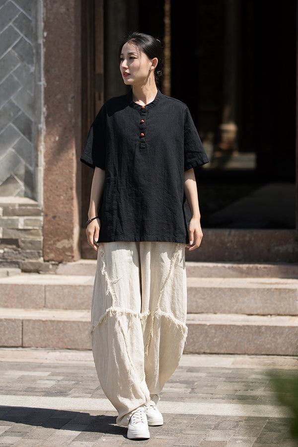 ZenBloom Linen-Blend Mandarin Collar Top – Modern Chinese Style Short-Sleeve T-Shirt