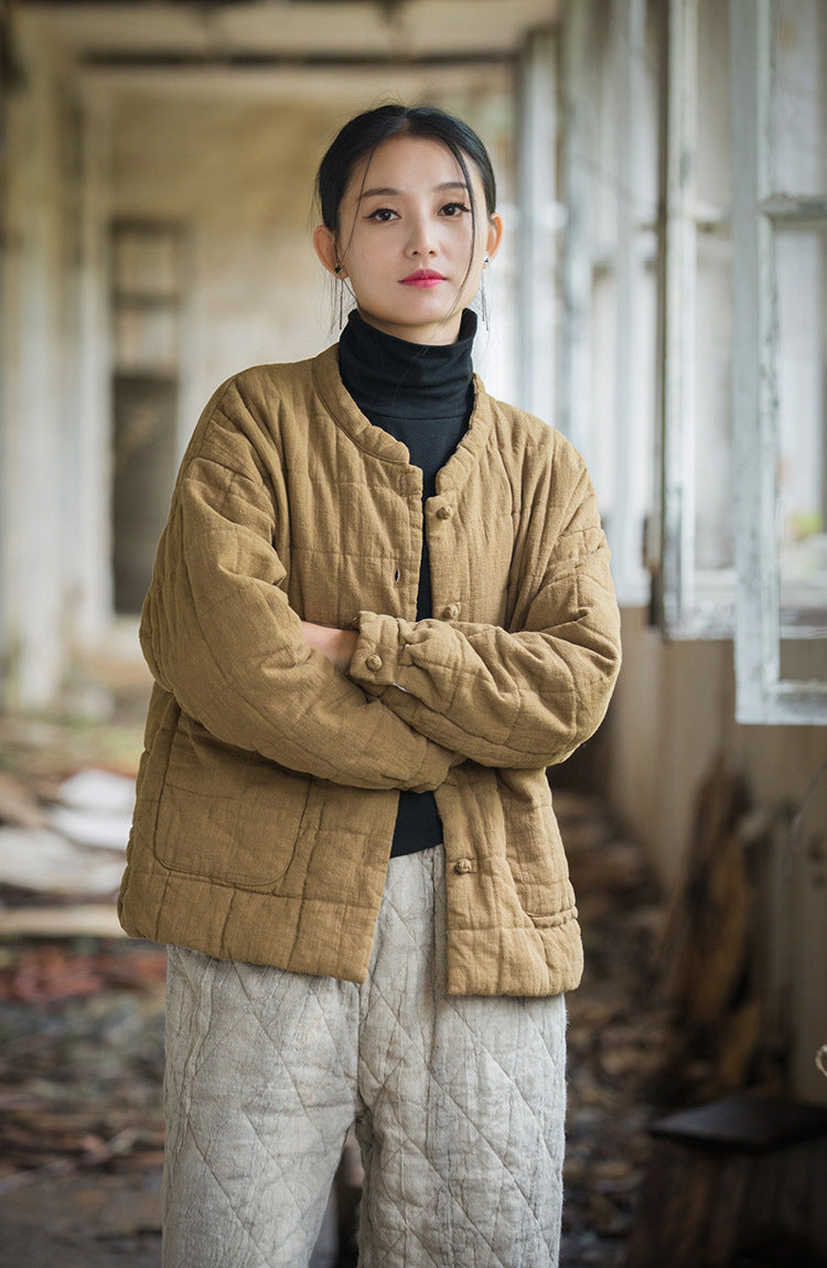 Winter NEW! Casual Style Women Linen and Cotton Grid Quilted Coat
