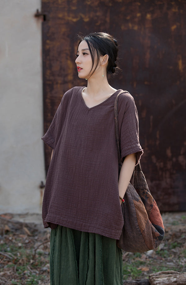 Bamboo Breeze Double-Layer Linen Tee – Textured Ramie-Cotton Short Sleeve Top