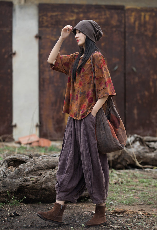 Vintage Washed Linen-Cotton Tee – Retro Digital Print Short Sleeve Top