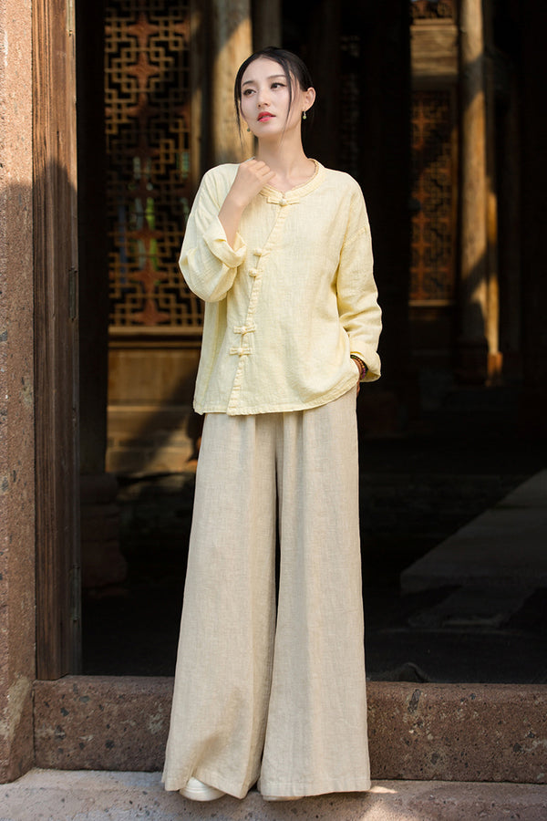 Zen Ramie Long Sleeve Top – Mandarin Collar Shirt with Pankou Buttons & Asymmetrical Hem