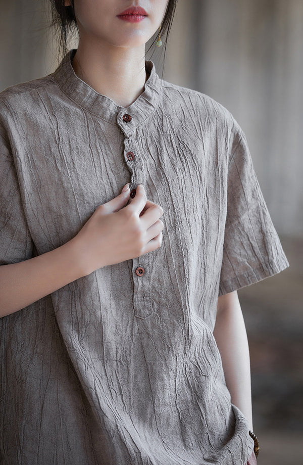Vintage Washed Ramie Tee – Lightweight Short Sleeve Top with Artisan Dye Effect