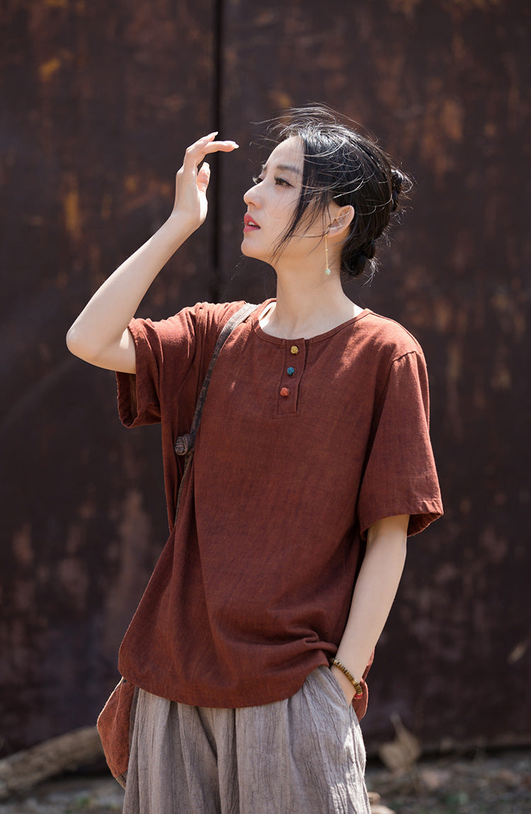 Vintage Washed Cotton-Linen Tee – Retro Print Short Sleeve Top with Mandarin Collar