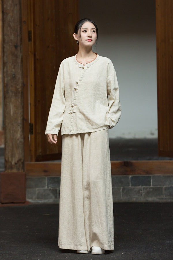 Zen Ramie Long Sleeve Top – Mandarin Collar Shirt with Pankou Buttons & Asymmetrical Hem