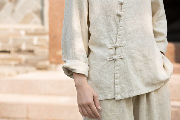 Zen Ramie Long Sleeve Top – Mandarin Collar Shirt with Pankou Buttons & Asymmetrical Hem