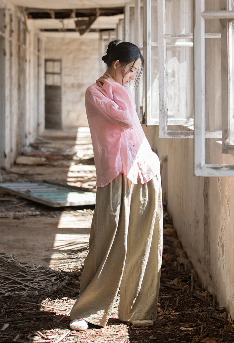 Summer NEW! Women Asian Style Round Necked Long Sleeve Ramie Shirt