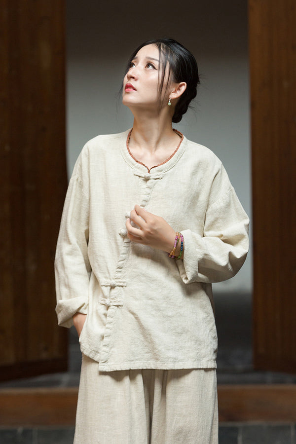 Zen Ramie Long Sleeve Top – Mandarin Collar Shirt with Pankou Buttons & Asymmetrical Hem