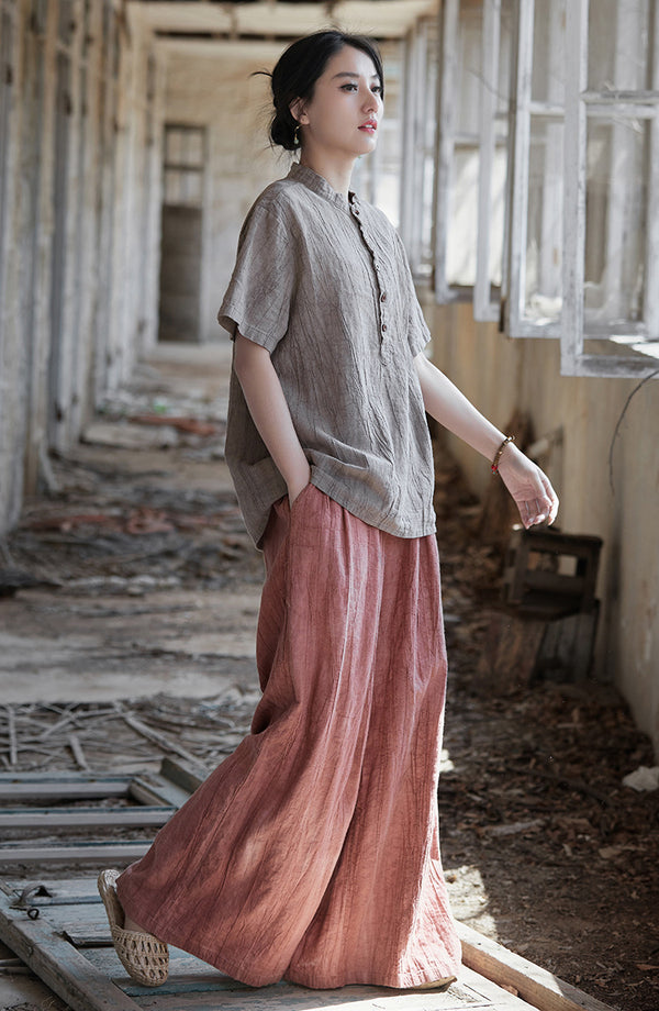 Vintage Washed Ramie Tee – Lightweight Short Sleeve Top with Artisan Dye Effect