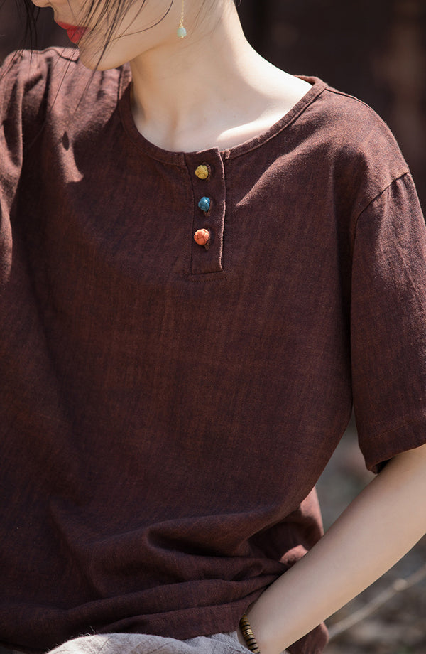 Vintage Washed Cotton-Linen Tee – Retro Print Short Sleeve Top with Mandarin Collar