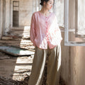 Summer NEW! Women Asian Style Round Necked Long Sleeve Ramie Shirt