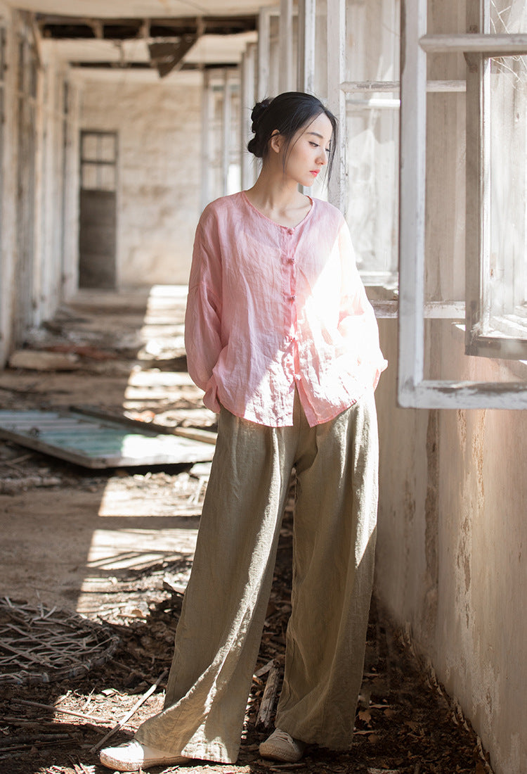 Summer NEW! Women Asian Style Round Necked Long Sleeve Ramie Shirt