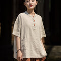 ZenBloom Linen-Blend Mandarin Collar Top – Modern Chinese Style Short-Sleeve T-Shirt