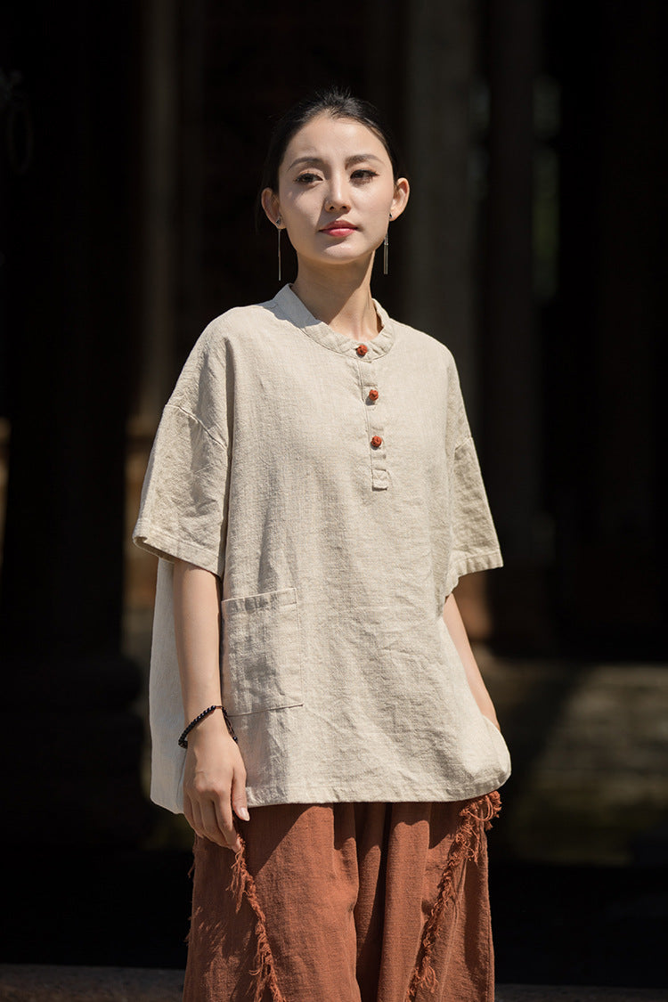 ZenBloom Linen-Blend Mandarin Collar Top – Modern Chinese Style Short-Sleeve T-Shirt