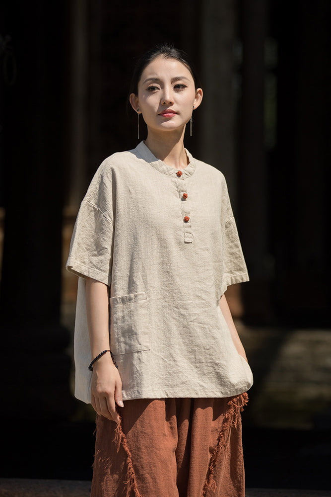 ZenBloom Linen-Blend Mandarin Collar Top – Modern Chinese Style Short-Sleeve T-Shirt