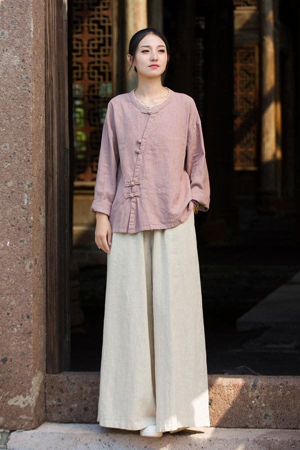 Zen Ramie Long Sleeve Top – Mandarin Collar Shirt with Pankou Buttons & Asymmetrical Hem