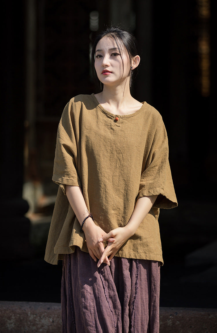 ZenLinen Mandarin Collar Tee – Breathable Cotton-Linen Short Sleeve Top