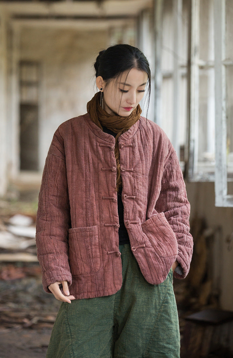 Winter NEW! Asian Casual Style Women Wrinkles Linen and Cotton Short Quilted Long-sleeved Coat