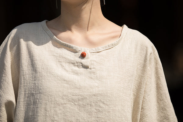 ZenLinen Mandarin Collar Tee – Breathable Cotton-Linen Short Sleeve Top