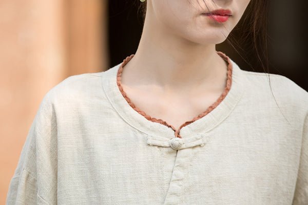 Zen Ramie Long Sleeve Top – Mandarin Collar Shirt with Pankou Buttons & Asymmetrical Hem