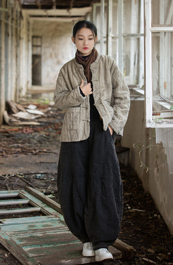 2024 Winter NEW! Asian Casual Style Women Wrinkles Linen and Cotton Short Quilted Long-sleeved Coat