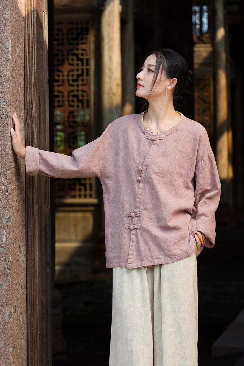 Zen Ramie Long Sleeve Top – Mandarin Collar Shirt with Pankou Buttons & Asymmetrical Hem