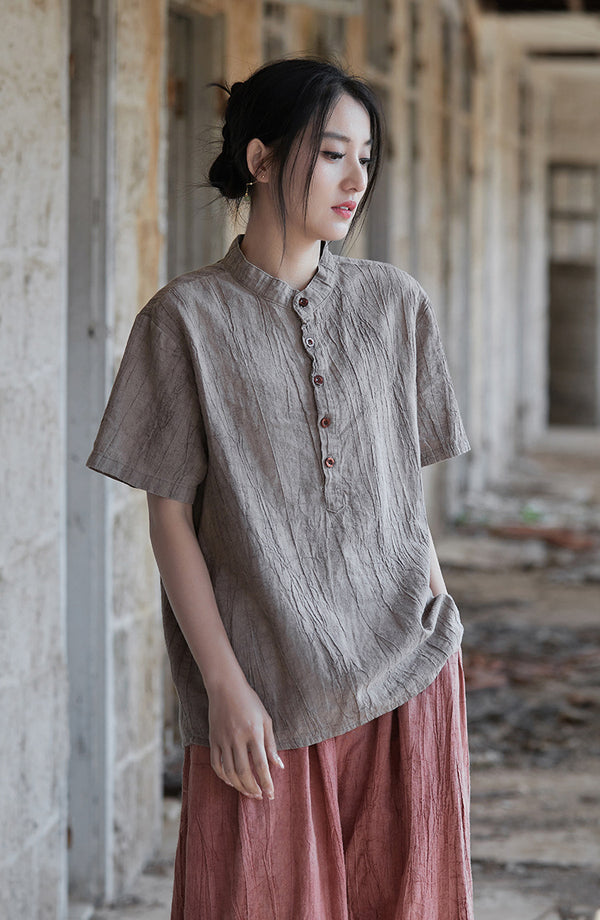 Vintage Washed Ramie Tee – Lightweight Short Sleeve Top with Artisan Dye Effect
