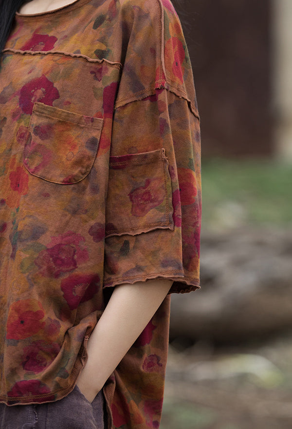 Vintage Washed Linen-Cotton Tee – Retro Digital Print Short Sleeve Top
