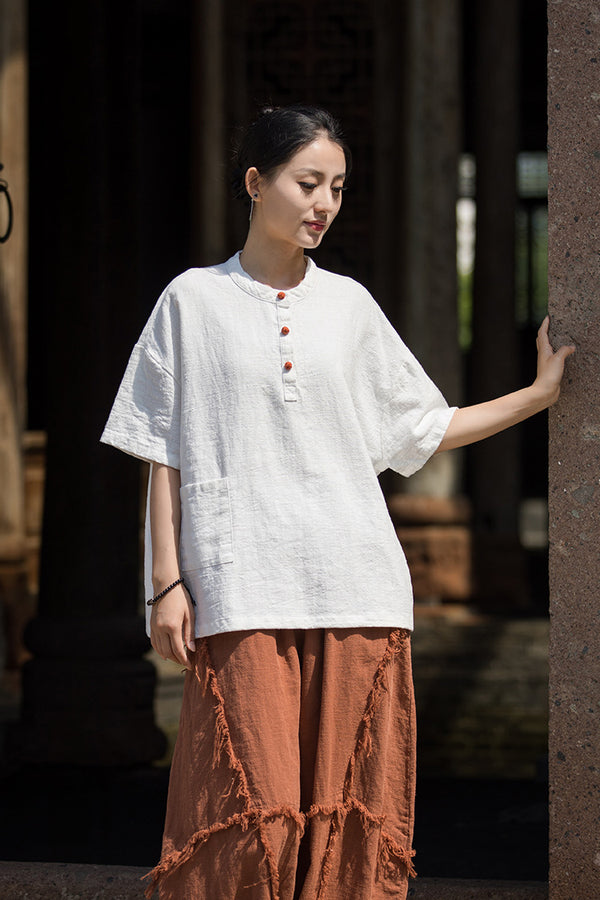 ZenBloom Linen-Blend Mandarin Collar Top – Modern Chinese Style Short-Sleeve T-Shirt