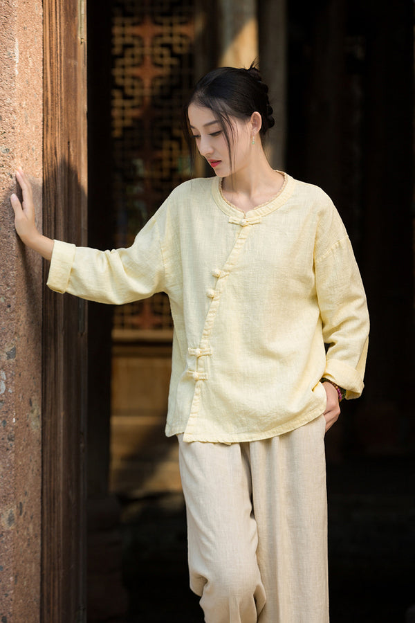 Zen Ramie Long Sleeve Top – Mandarin Collar Shirt with Pankou Buttons & Asymmetrical Hem