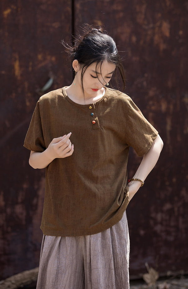 Vintage Washed Cotton-Linen Tee – Retro Print Short Sleeve Top with Mandarin Collar