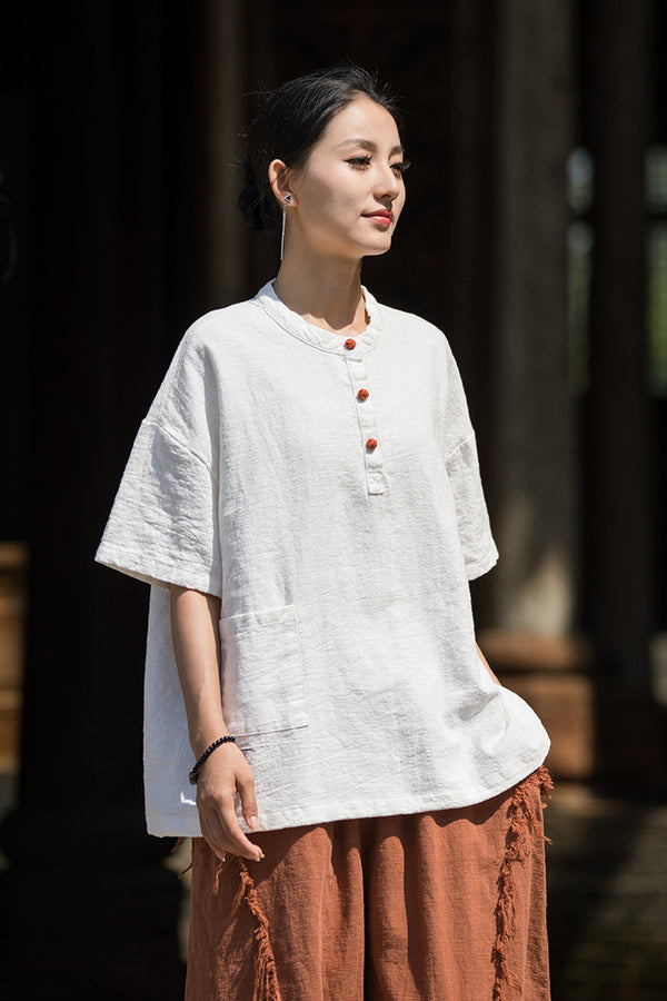 ZenBloom Linen-Blend Mandarin Collar Top – Modern Chinese Style Short-Sleeve T-Shirt