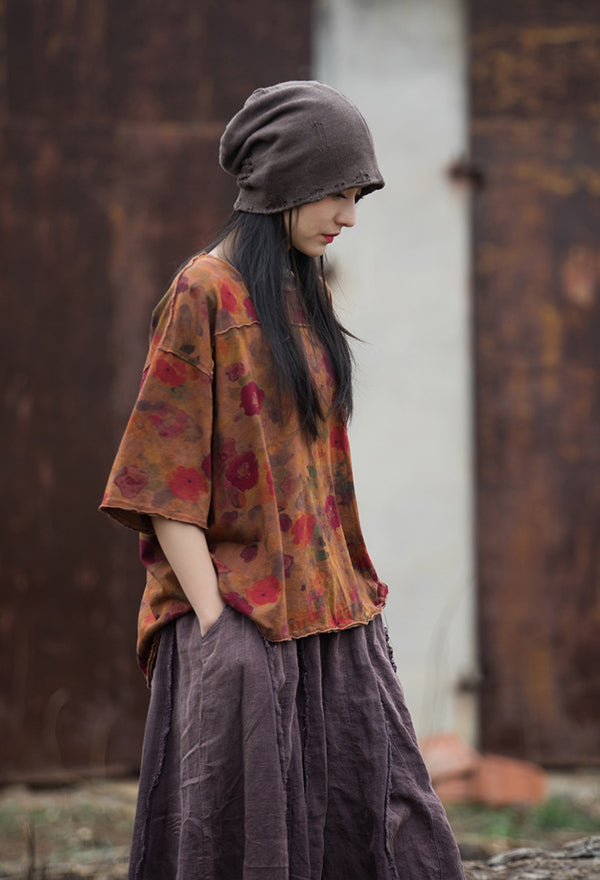 Vintage Washed Linen-Cotton Tee – Retro Digital Print Short Sleeve Top