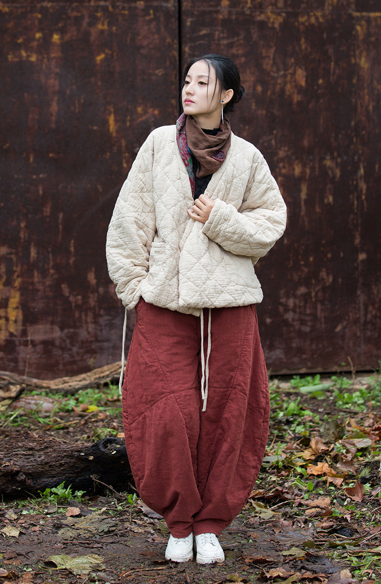 Winter NEW! Asian Casual Style Women Linen and Cotton Short Quilted Long-sleeved Coat