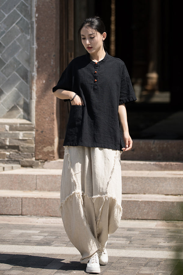 ZenBloom Linen-Blend Mandarin Collar Top – Modern Chinese Style Short-Sleeve T-Shirt