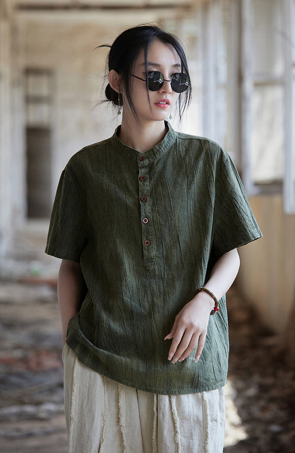 Vintage Washed Ramie Tee – Lightweight Short Sleeve Top with Artisan Dye Effect