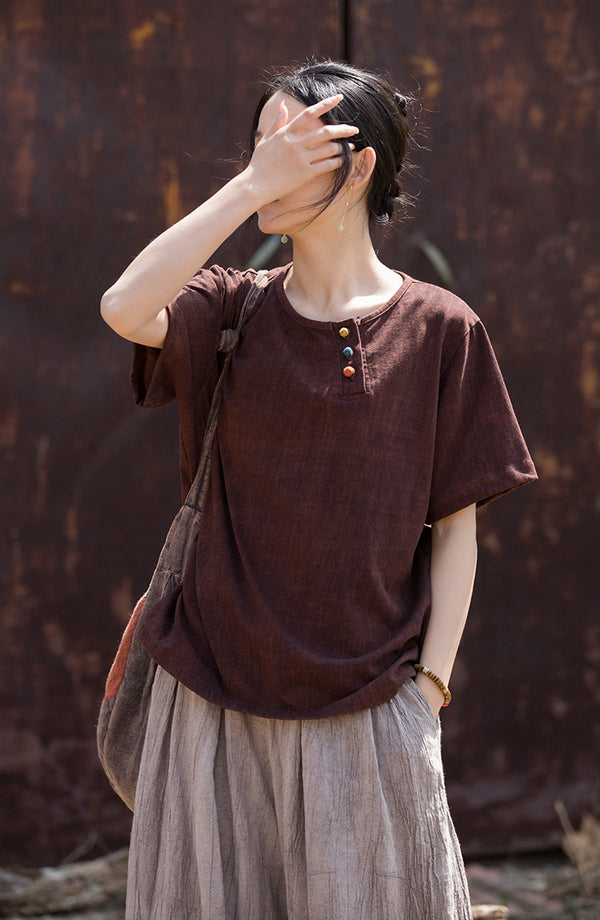 Vintage Washed Cotton-Linen Tee – Retro Print Short Sleeve Top with Mandarin Collar