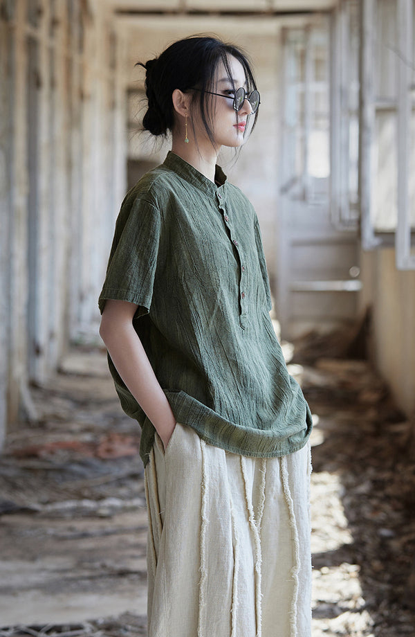 Vintage Washed Ramie Tee – Lightweight Short Sleeve Top with Artisan Dye Effect