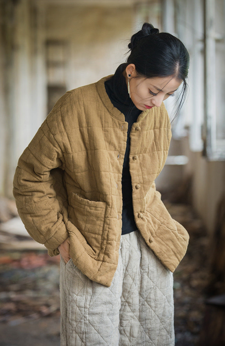 Winter NEW! Casual Style Women Linen and Cotton Grid Quilted Coat
