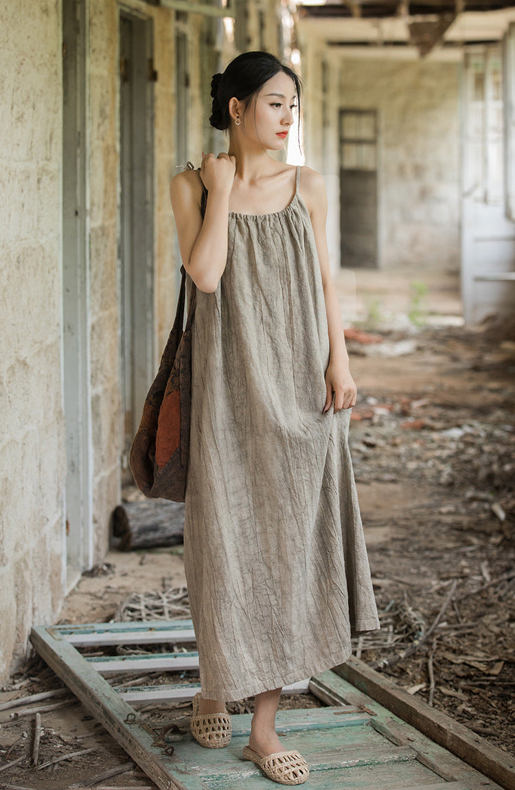 Boho Tie-Dye Ramie-Cotton Long Slip Dress