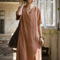 Boho Tie-Dye Cotton Linen V-Neck Maxi Dress | Artisan Chic Short Sleeves Long Dress