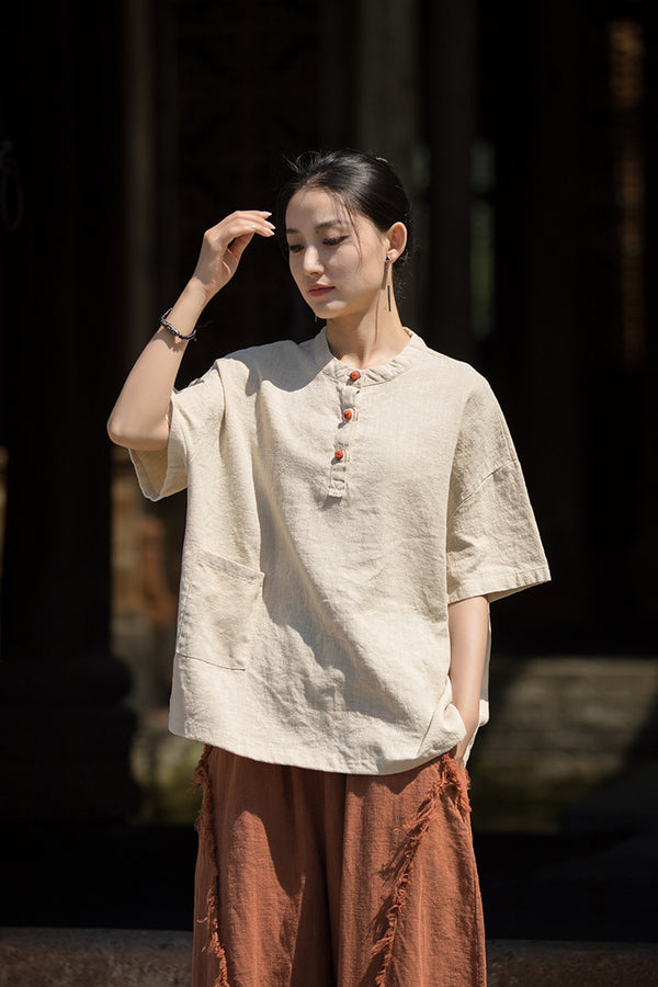 ZenBloom Linen-Blend Mandarin Collar Top – Modern Chinese Style Short-Sleeve T-Shirt