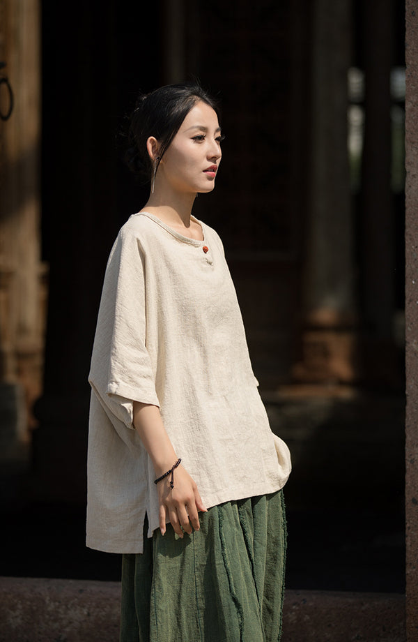 ZenLinen Mandarin Collar Tee – Breathable Cotton-Linen Short Sleeve Top