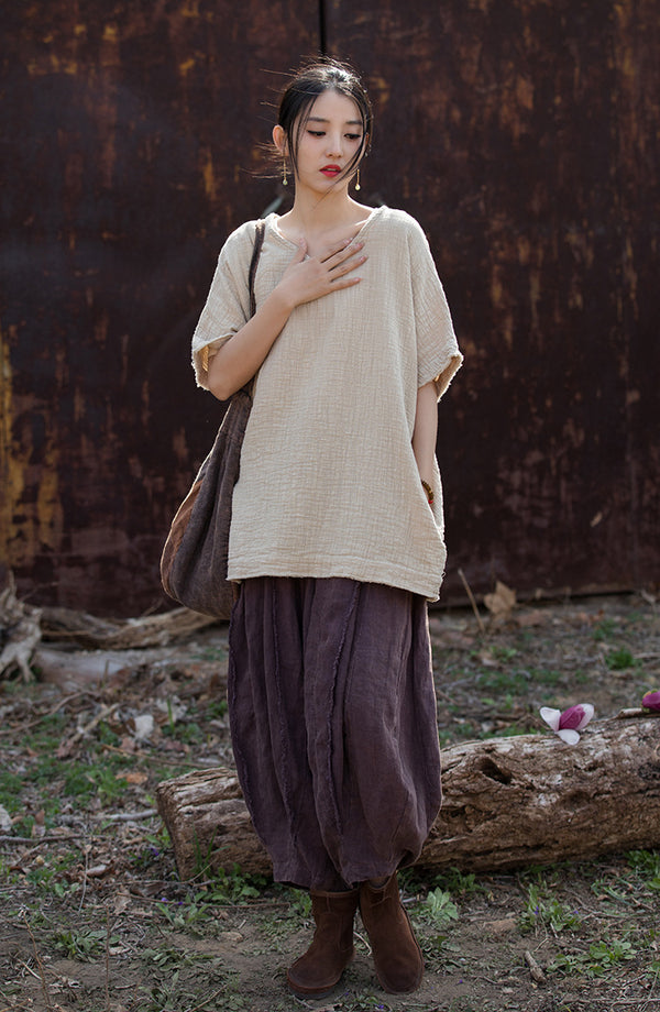 Bamboo Breeze Double-Layer Linen Tee – Textured Ramie-Cotton Short Sleeve Top