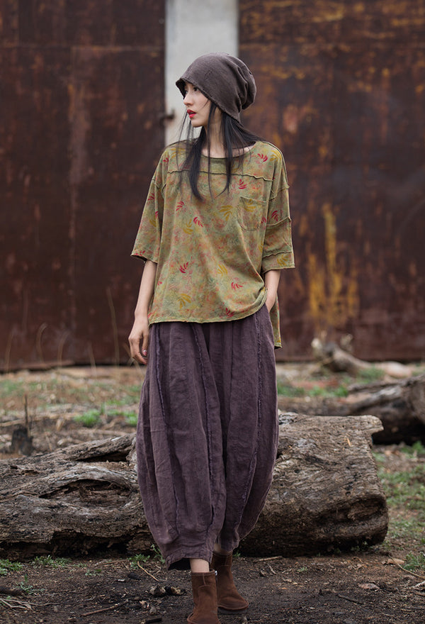 Vintage Washed Linen-Cotton Tee – Retro Digital Print Short Sleeve Top