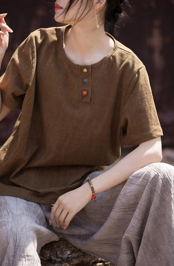 Vintage Washed Cotton-Linen Tee – Retro Print Short Sleeve Top with Mandarin Collar