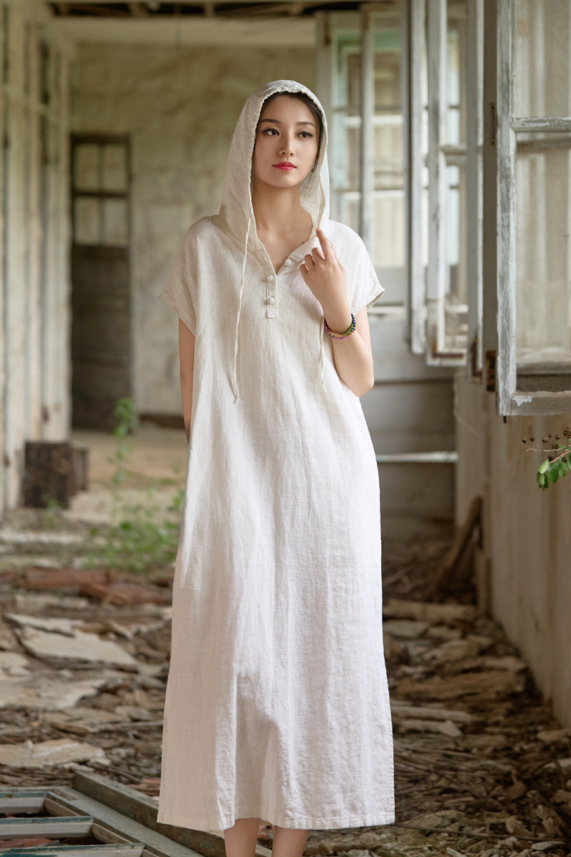 Zen Hooded Ramie-Cotton Midi Maxi Dress