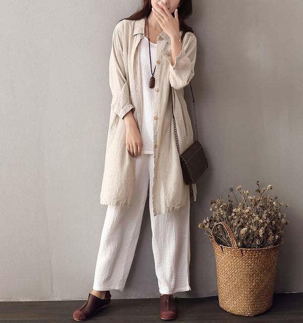 Women Leisure Tunic Style Linen and Cotton Shirt Type Coat