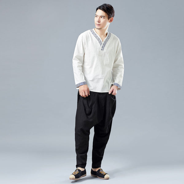 Men Casual Front and Back Pockets New Style Linen Crotch Dancing Pants